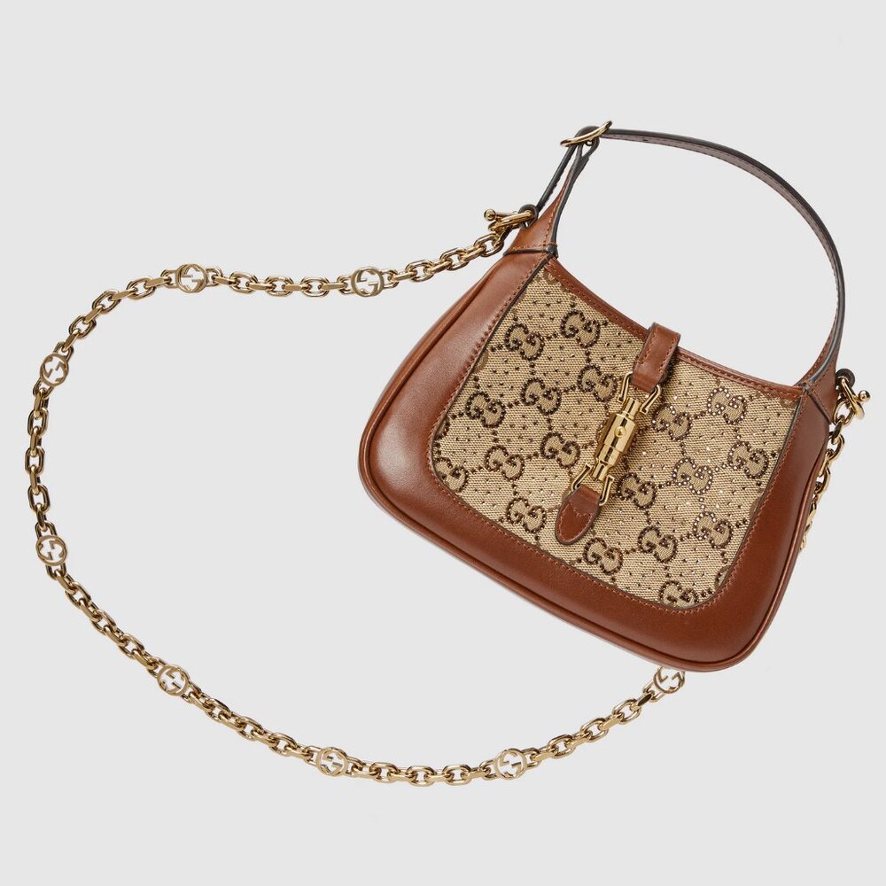 GUCCI Jackie 1961 GG crystal mini bag in camel and ebony canvas - EXCELLENT COND